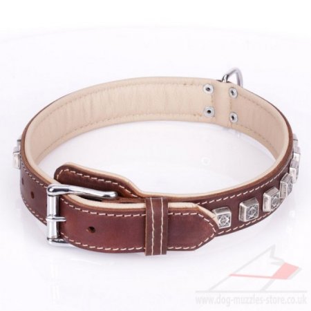 "Cube" High-Quality Brown Leather Dog Collar With Adornment