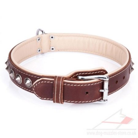 "Cone" Comfortable Brown Leather Dog Collars UK With Decorations