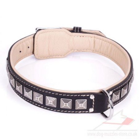 Strong Black Leather Collar For Dog Studded With Chic Squares