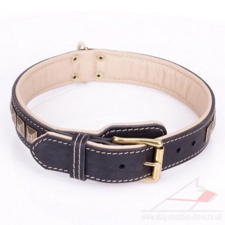 "Pyramid" Fashionable Black Leather Dog Collar With Studs