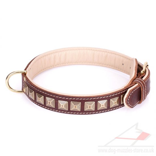 Alluring Brown Leather Dog Collar “Pyramid” With Adornment