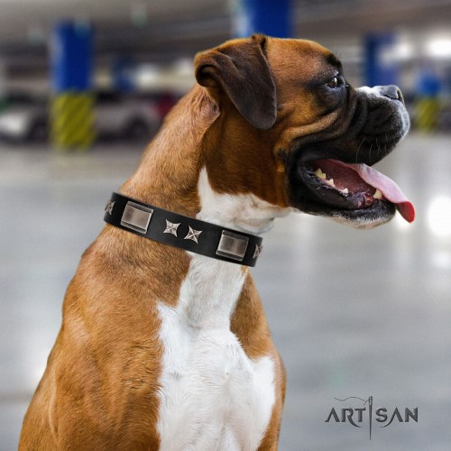 Artisan luxury black leather dog collar for Boxer UK