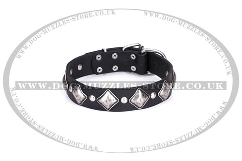 Retro-style Soft Leather Dog Collar with Rhomboid Plates Artisan - Click Image to Close